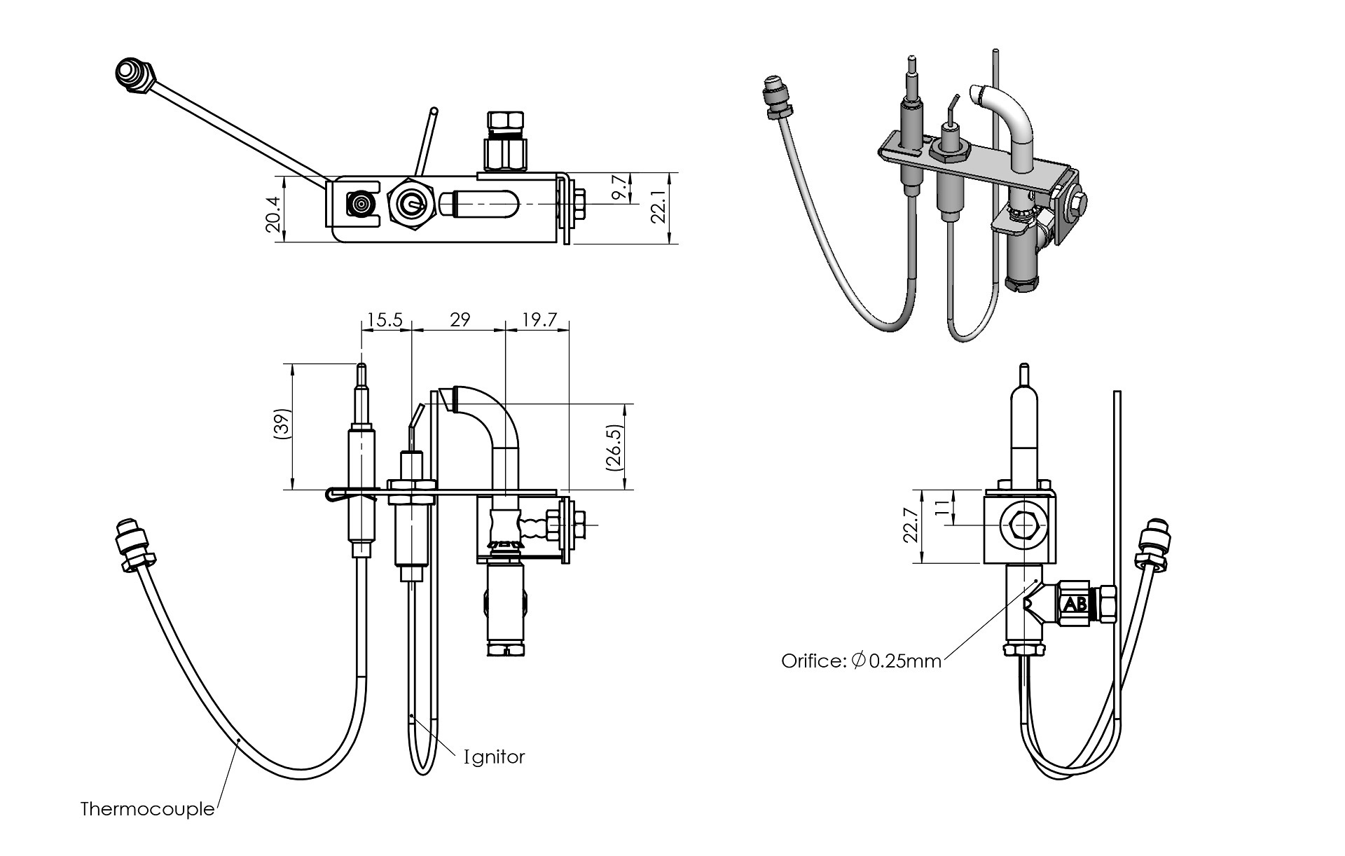 B22H14 Pilot Burner Dimensions