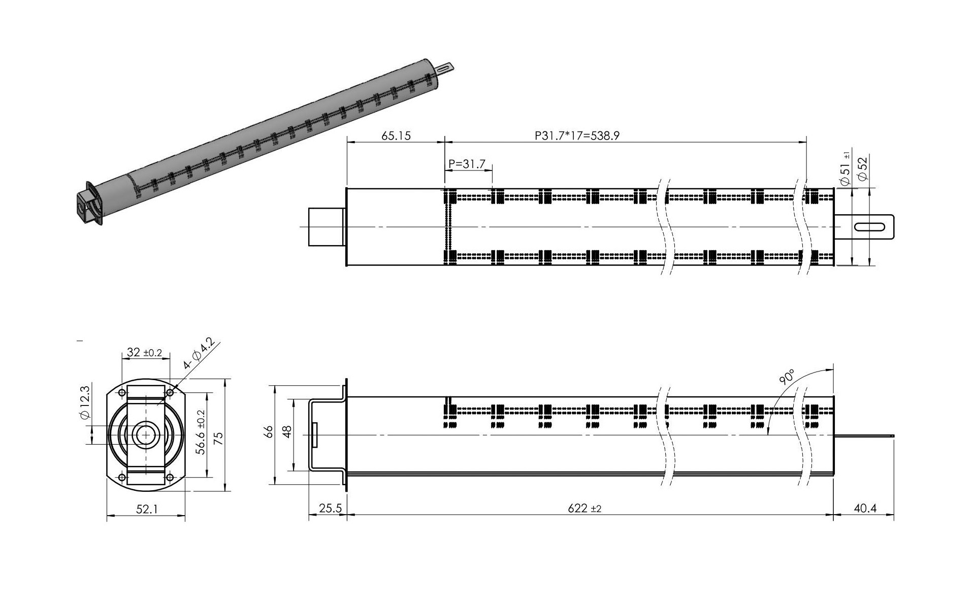 Tubular Burner (V-Type Flame) Stainless Steel Tubular Burner with V-Type Flame Dimensions