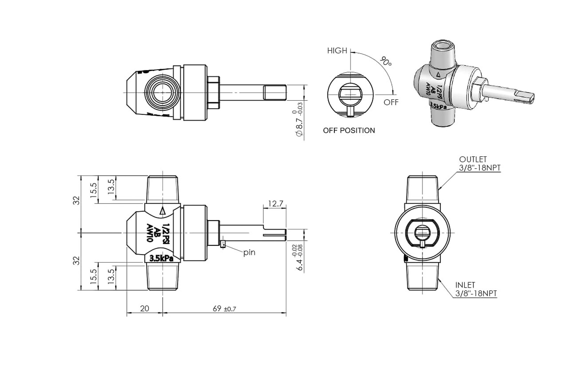 AW10 Wok Gas Valve Dimensions