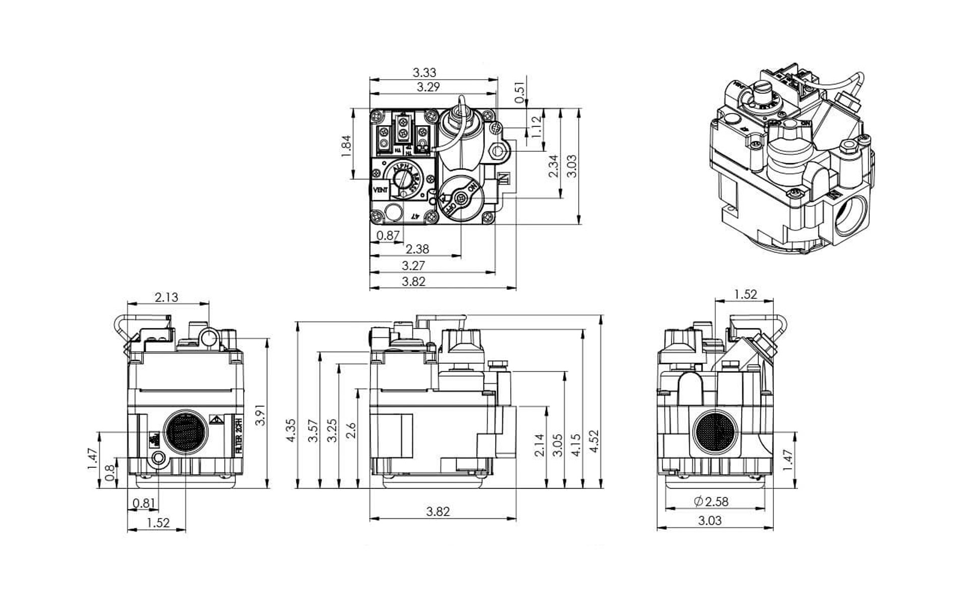 AB007-MV Millivolt Heating Control Dimensions