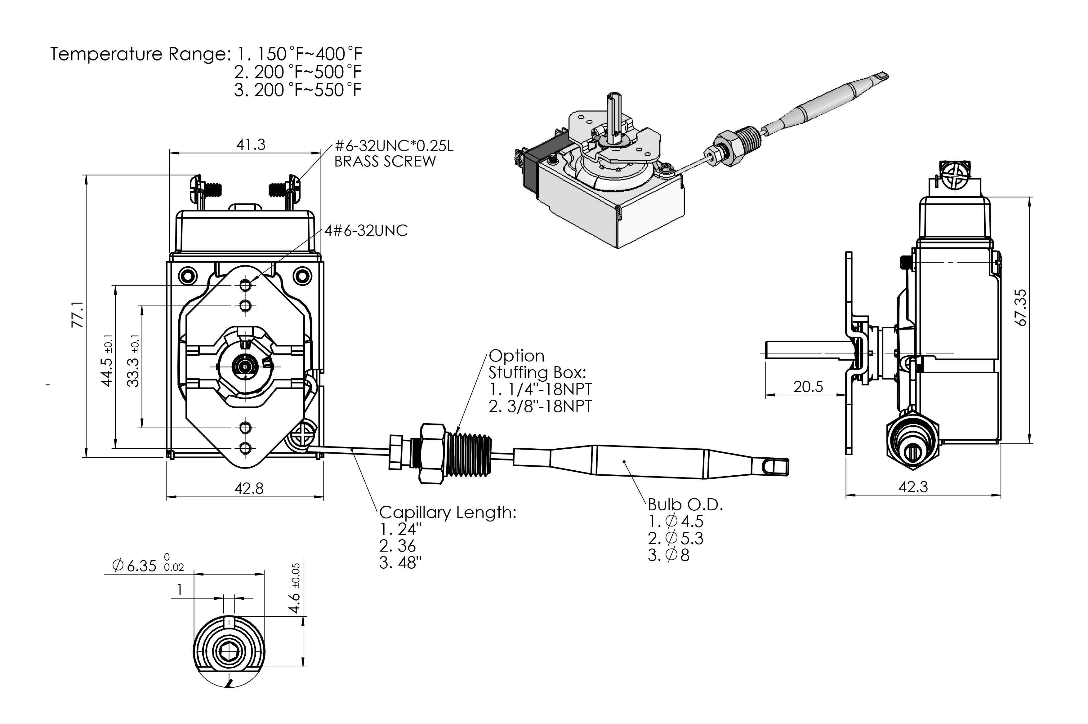 AK High-Current Snap-Action Thermostat Dimensions