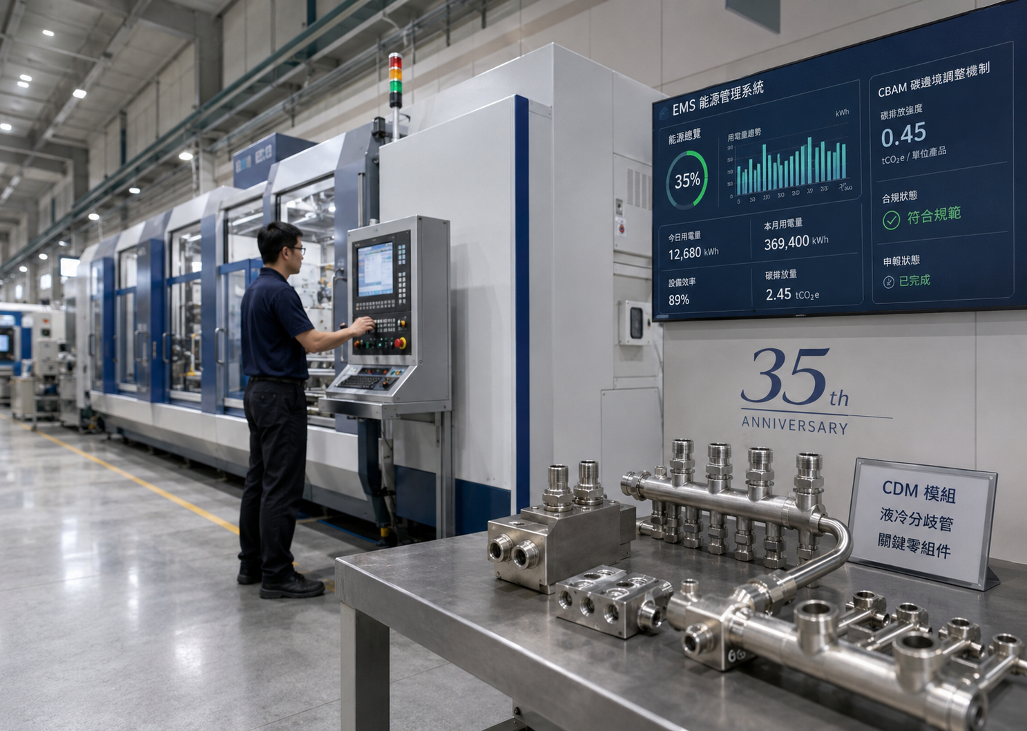 35th Anniversary, EMS and Liquid Cooling Component Development Alpha Brass Controls 35th anniversary EMS implementation and development of CDM and liquid cooling manifold components in 2024