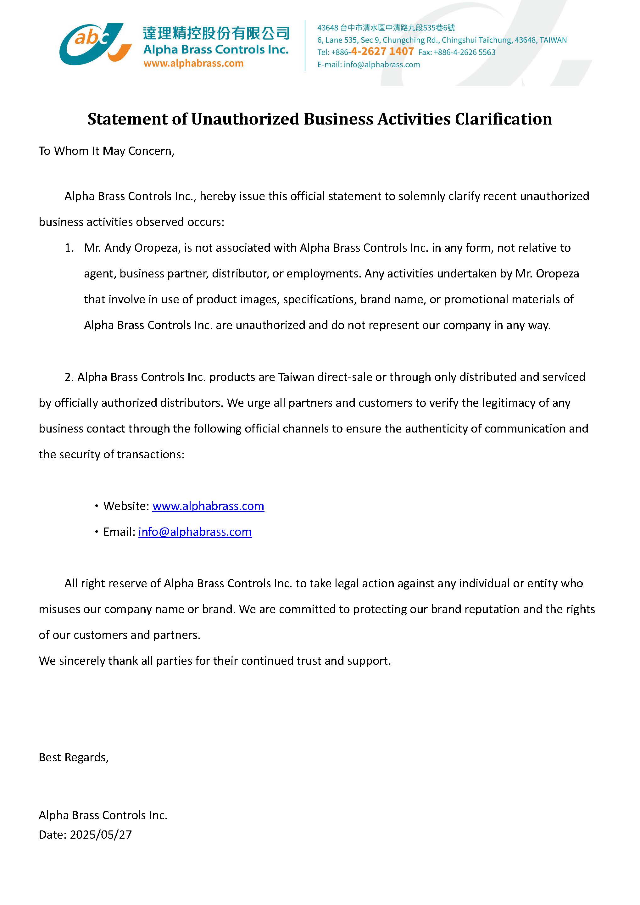 Statement of Unauthorized Business Activities Clarification
